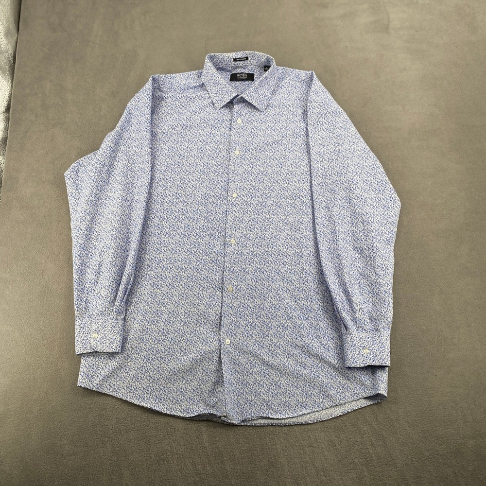 Jones New York Signature Mens Blue Floral 4 Way Stretch Dress Shirt L 16-16.5